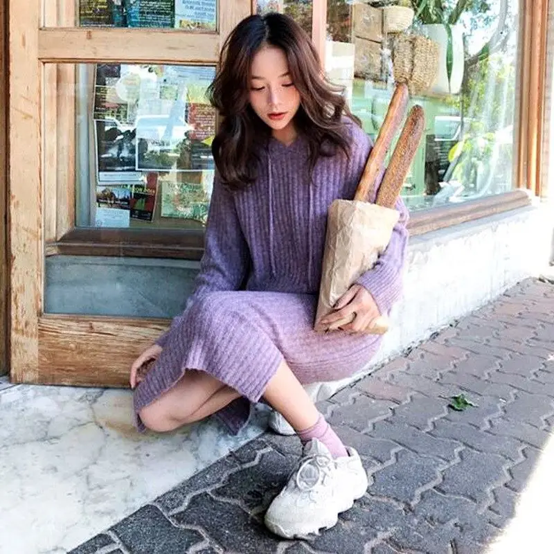 Violet Корейское модное осенне-зимнее платье-свитер женское Повседневное платье с капюшоном длинный рукав с разрезом сбоку длинный с капюшоном ребристый трикотажный платье - Цвет: Violet