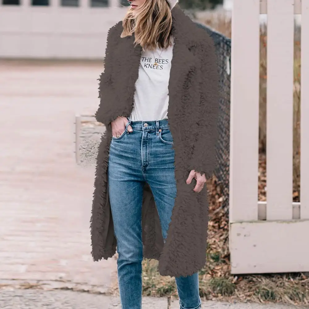 Faux Fur Coat Plus Size Women Autumn Winter Fluffy Plush Coat Solid Lapel Long Sleeve Cardigan Coat Warm Soft Outwear