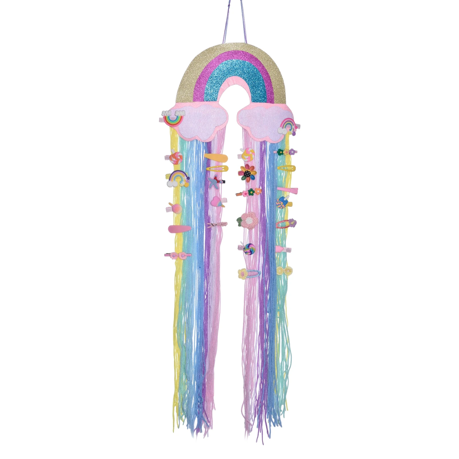 

Rainbow Tassel Wall Hanging Ornaments Hair Bows Storage Belt Girls Room Hair Clips Hanger Organizer Tapestry Home Decoration