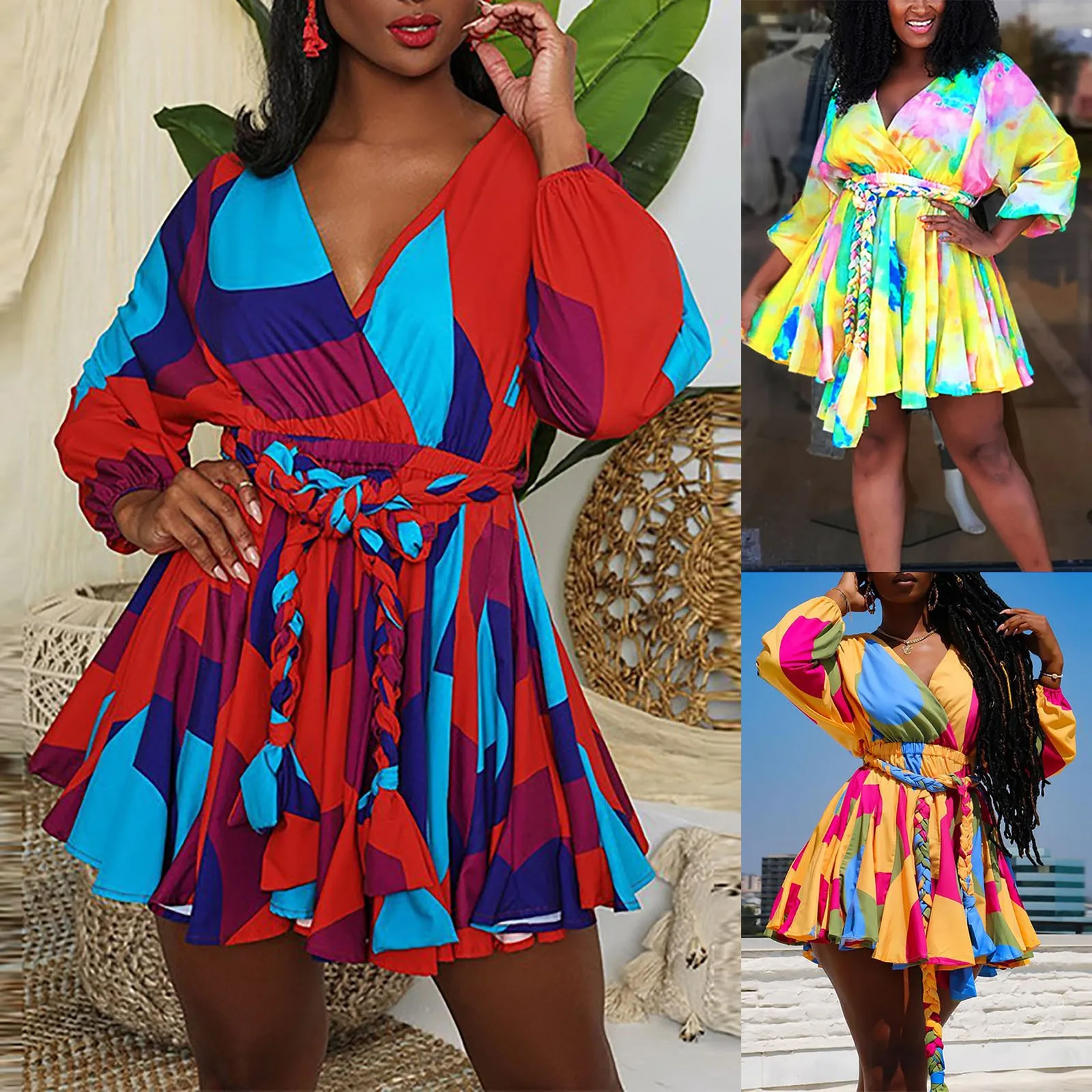 

Fashion Dresses For Women's Print V-neck Sexy Woven Banquet Dress With Belt Plus Size Harajuku Goth Топик Женский Sexy 2021 #snr