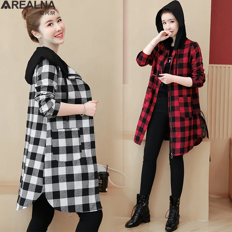 

Vintage Stylish Pockets Oversized Plaid Jacket Coat Women 2021 Fashion Hooded Long Sleeve Cotton linen Loose Outerwear Chic Tops