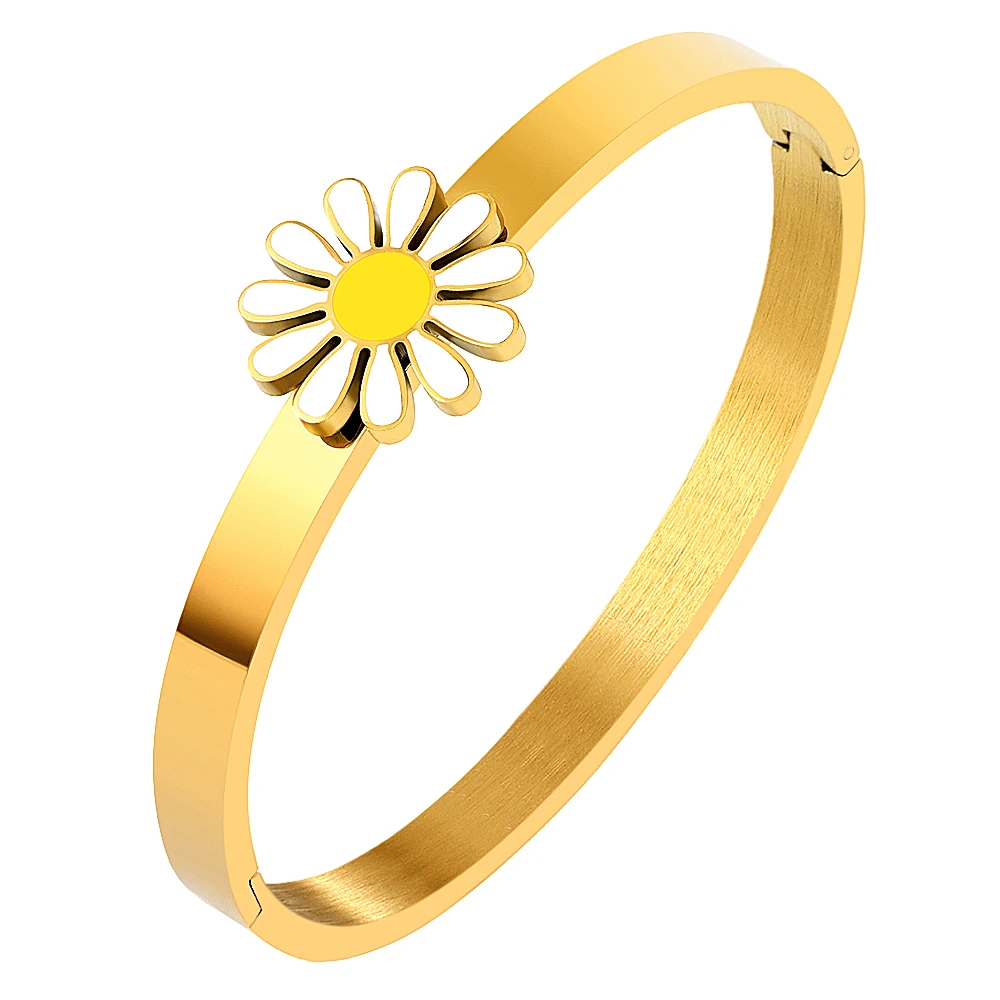 

Religious Faith Gold Stainless Steel Enamel Little Daisy Flower Bangle Bracelet Simple Sunflower Bracelet Wedding Jewelry Gifts