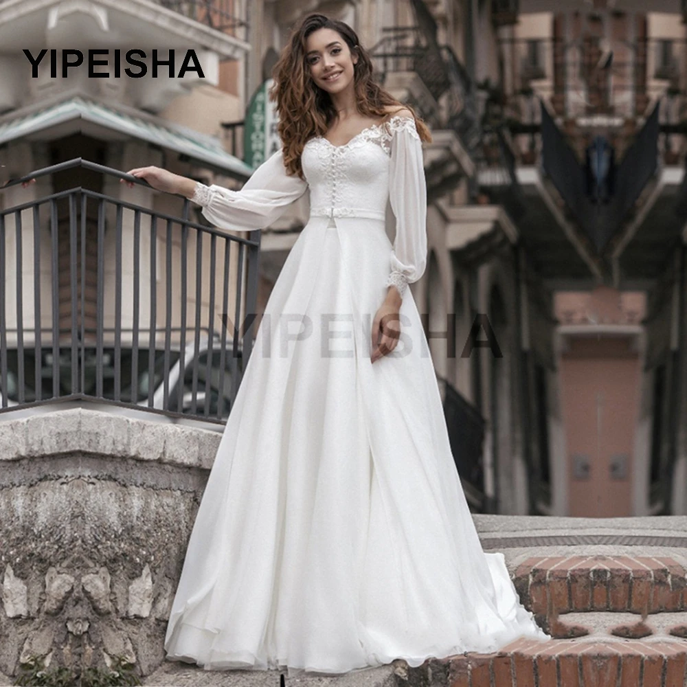 

New Boho Wedding Dresses Two Pieces Appliques Lace V-Neck Chiffon A-Line Corset Beach Bride Gown 2021 vestidos de novia
