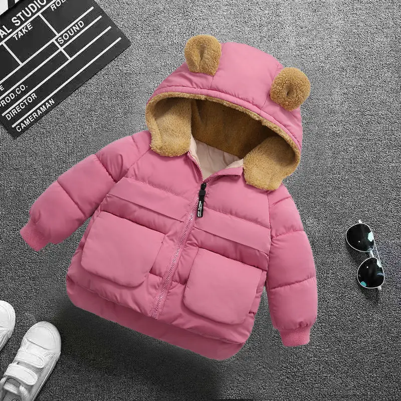 pink Детская зимняя теплая плотная одежда куртки для мальчиков хлопковая стеганая верхняя одежда с капюшоном для маленьких девочек Детская куртка пальто для малышей однотонные - Цвет: pink