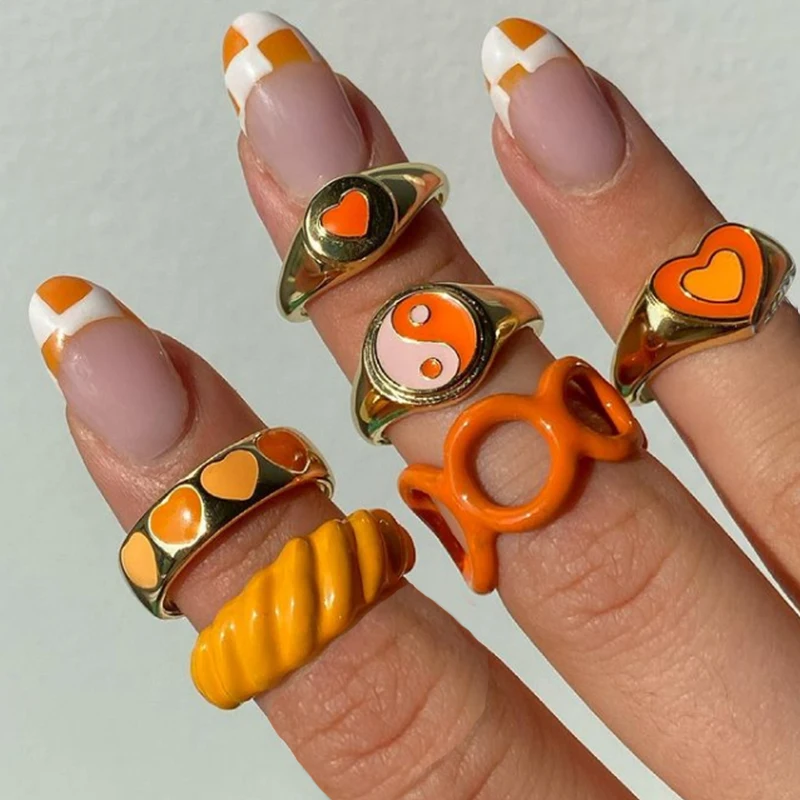 

Colorful Heart Ring Set for Women Glossy Dripping Enamel Rings Metal Paint Coating Creative INS Style Girls 2021 Fashion Jewelry