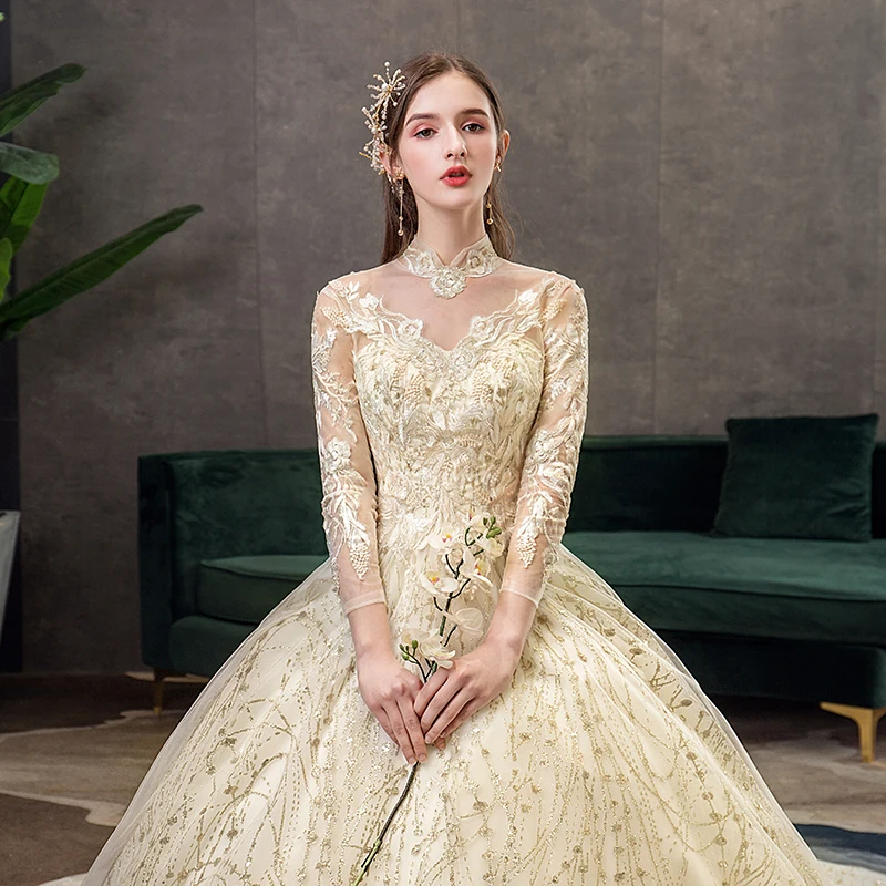 Gold Lace Muslim Wedding Dress With Big Train 2021 New High Neck Full Sleeve  Gown Vintage Bridal  X