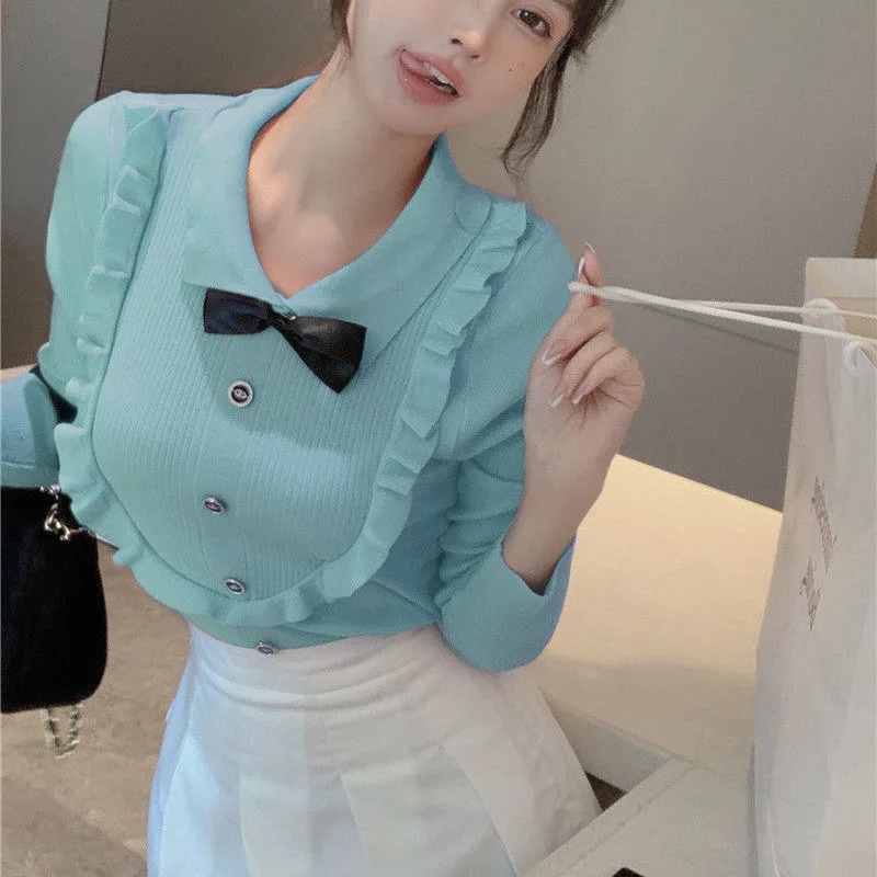 

2022 Women's Spring Bowknot Pullover Women's Fashion Embroidery High Quality Sweater Ladies Autumn Tops with Wooden Ears
