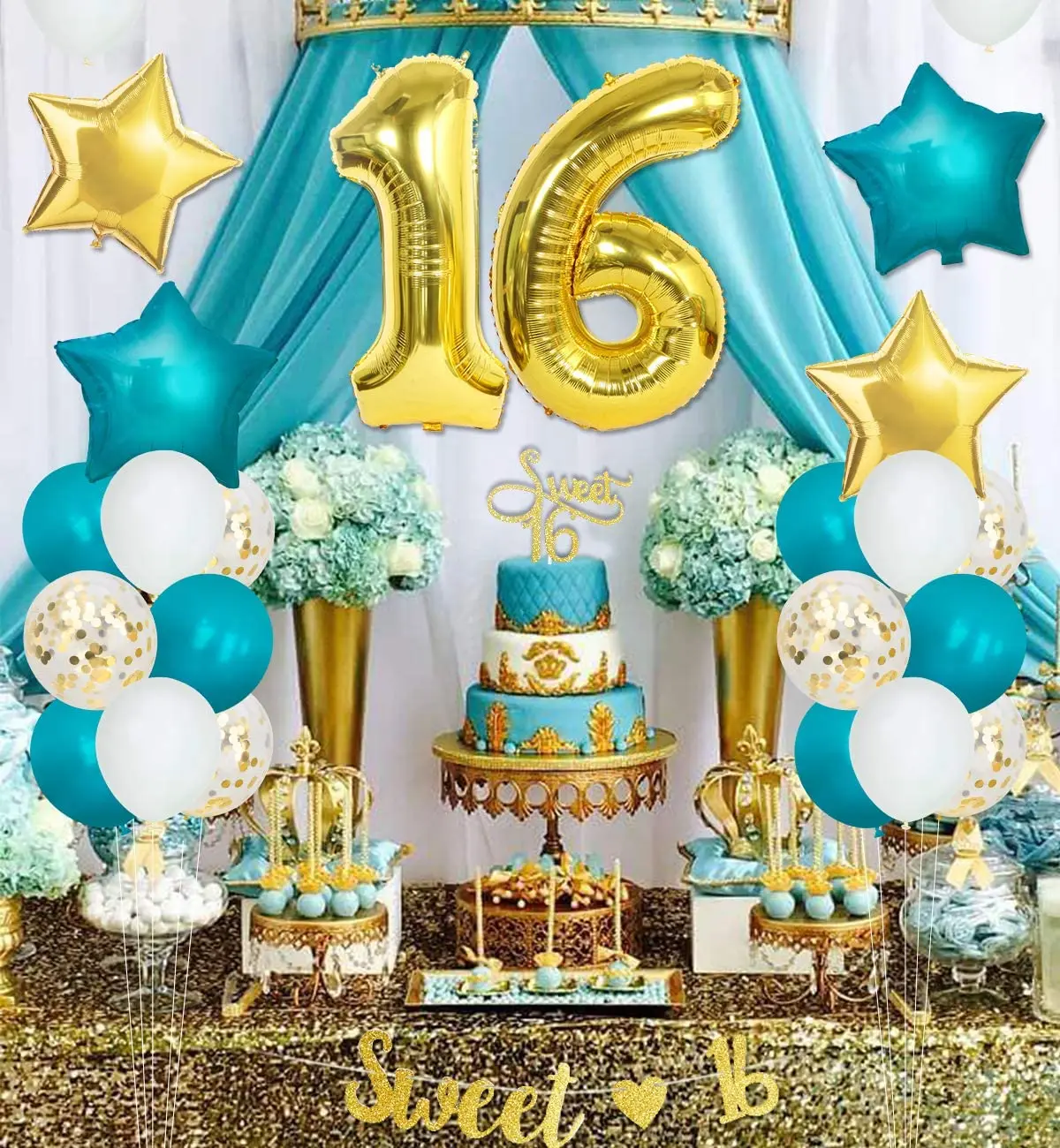 

Милые украшения для 16-го дня рождения, золотой цвет, фотоэлемент, сладкий 16-й баннер, топпер для торта, товары для детского дня рождения