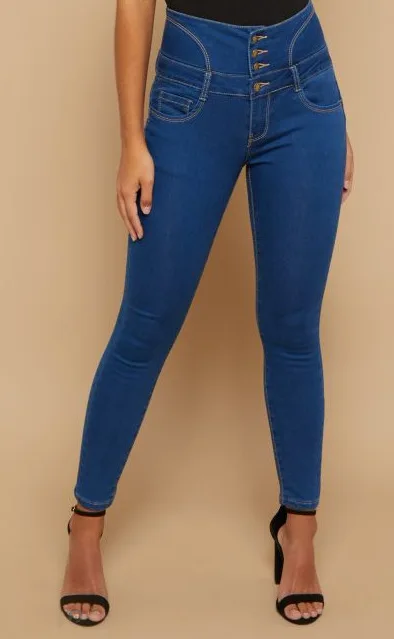 

Europe and The United States New Elastic High Waist Buckle After The Belt Denim Pants