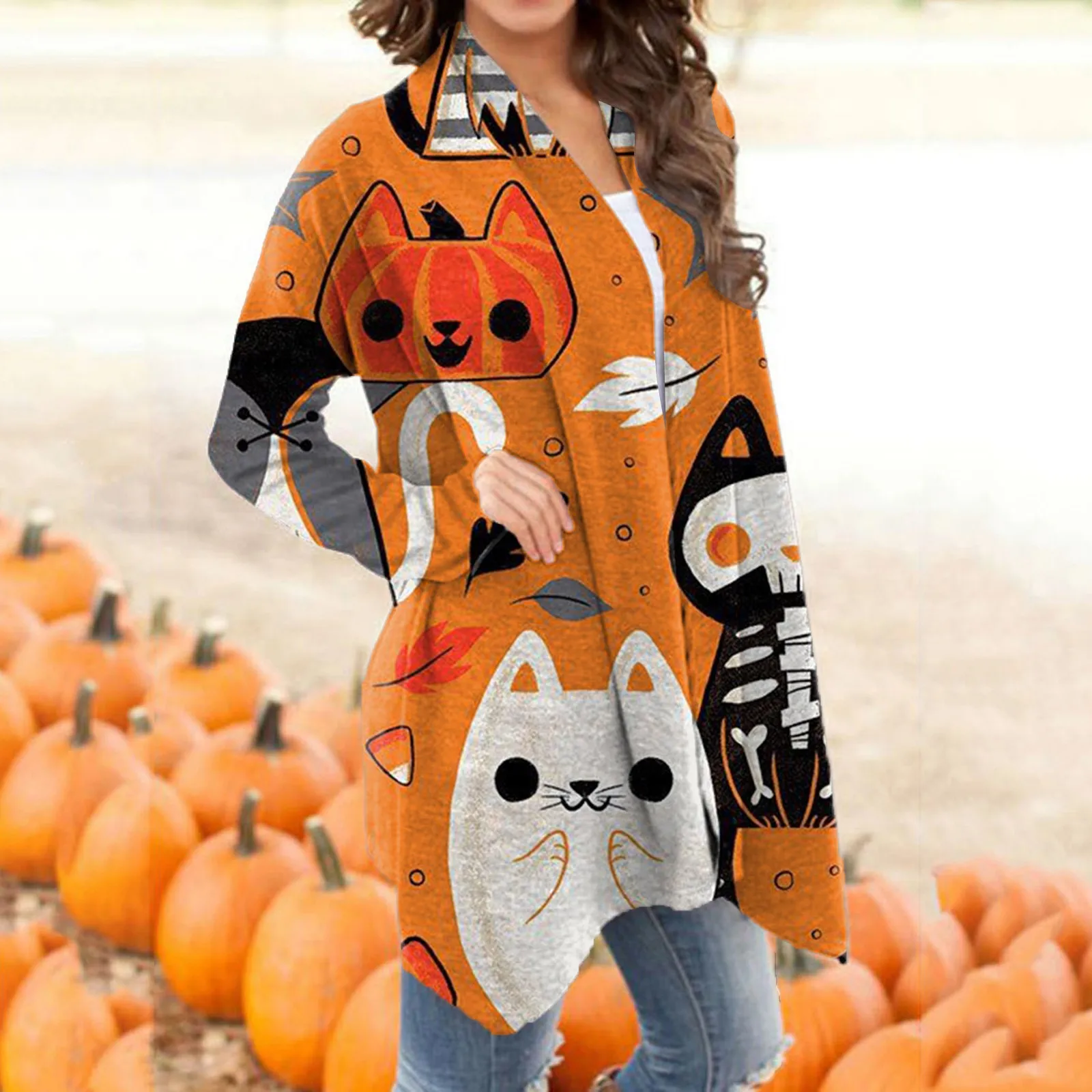

Women's Halloween Long Sleeve Open Front Cardigan Funny Cute Pumpkin Black Cat Ghost Graphic Tops Lightweight Coat Outwear Hoody