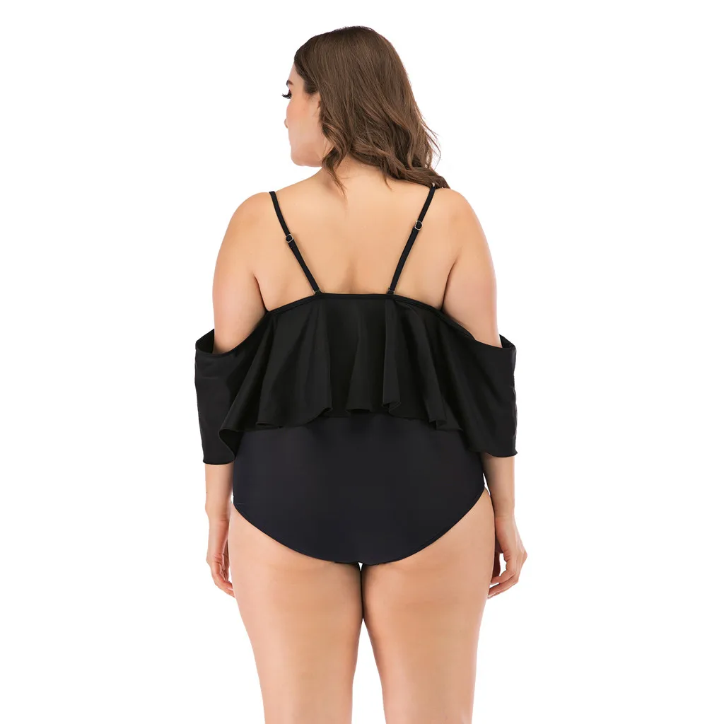 

Women One Piece Ruffled Patchwork Swimming Suit Plus Size High Waist Swimwear Off Shoulder Bathing Set #35