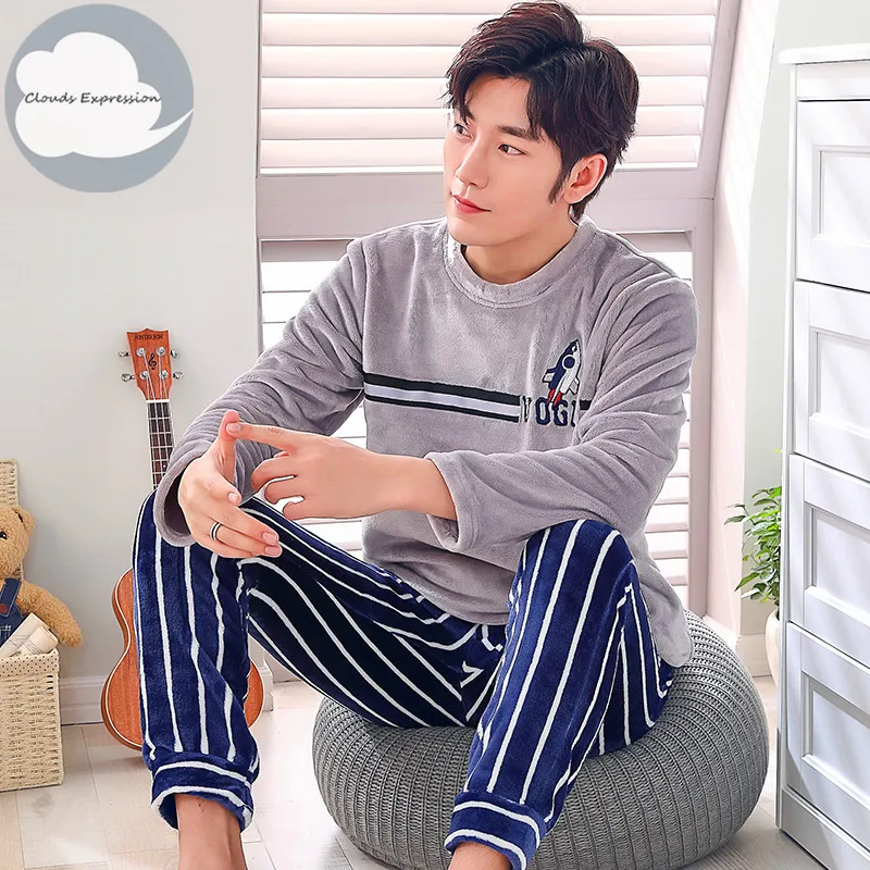 Пижамный комплект мужской фланелевый теплый тонкий пижамный одежда для сна с