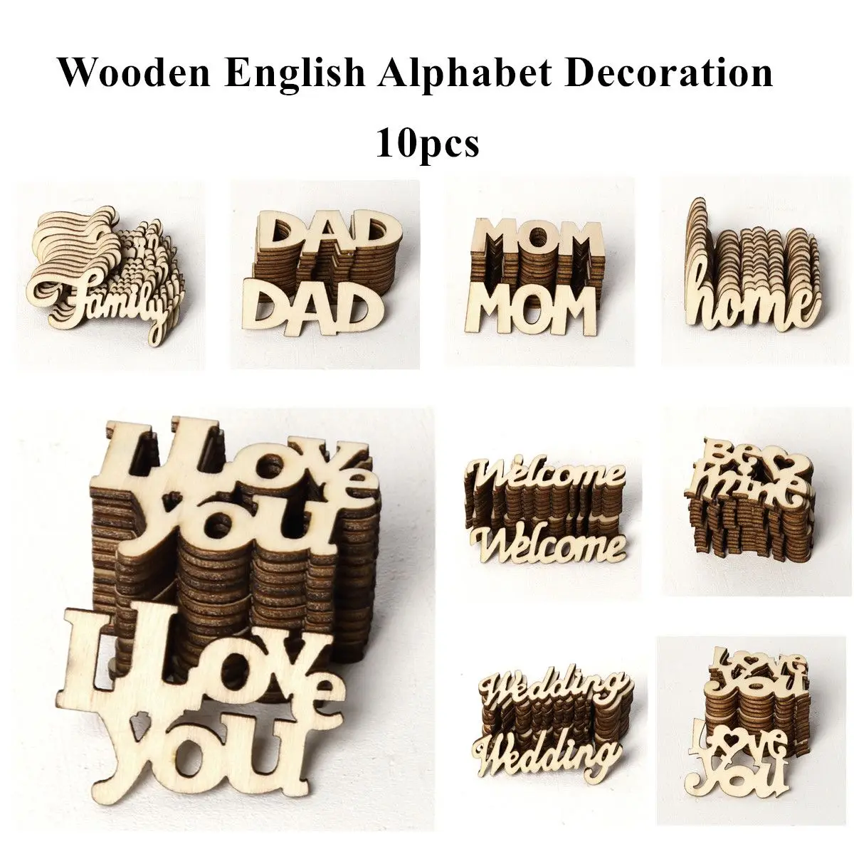

10pcs/Pack Mini DIY Wood English Letter Basswood Carving Home Decoration Photo Props Hanging Ornaments Crafts Party Supplies