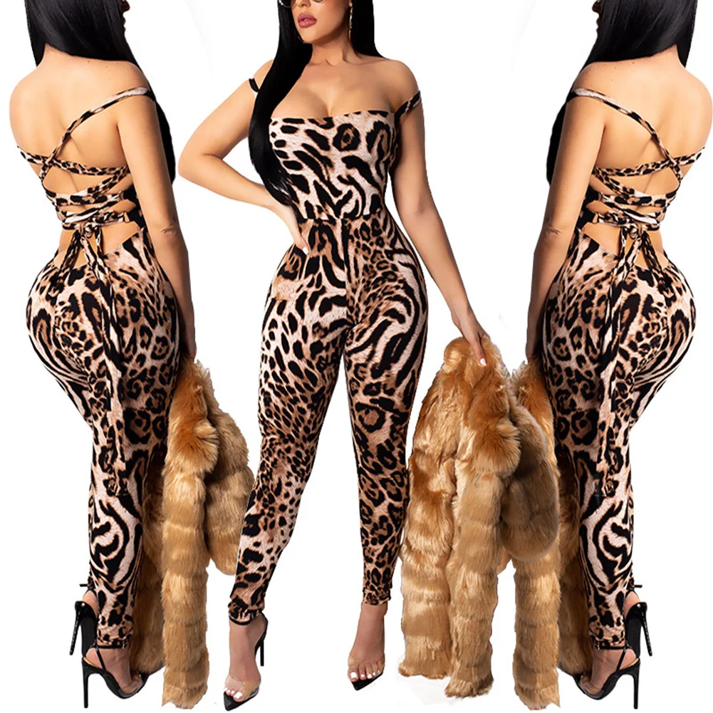 Женский леопардовый комбинезон Длинный Облегающий без рукавов с открытой спиной