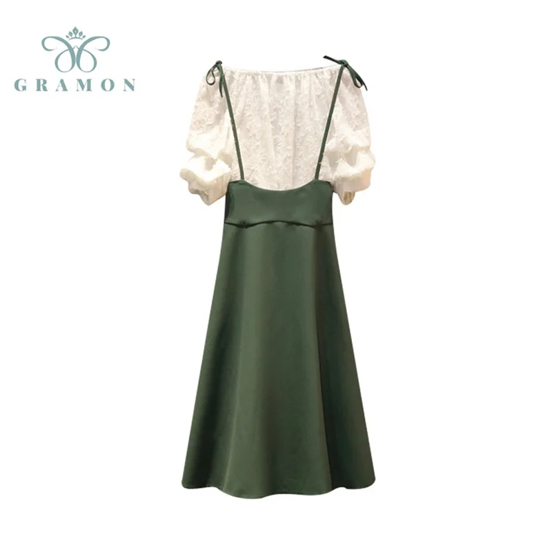 

Plus Size 2021 Summer Women's Dress Set Korean Elegant Off Shoulder Top + High Waist Suspender Dress 2 Piece Set Dress Female