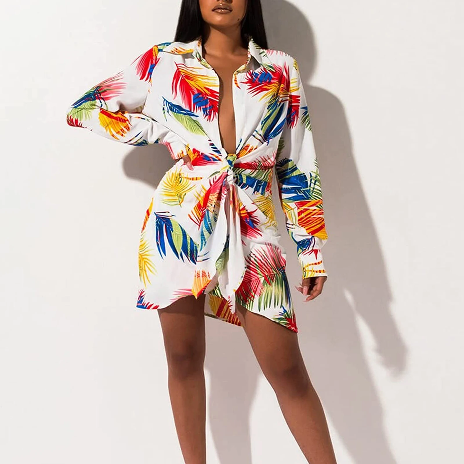 

Spring Autumn Women’s Casual Long Sleeve Dress Fashion Printing Bandage V-neck High Waist Short Dress