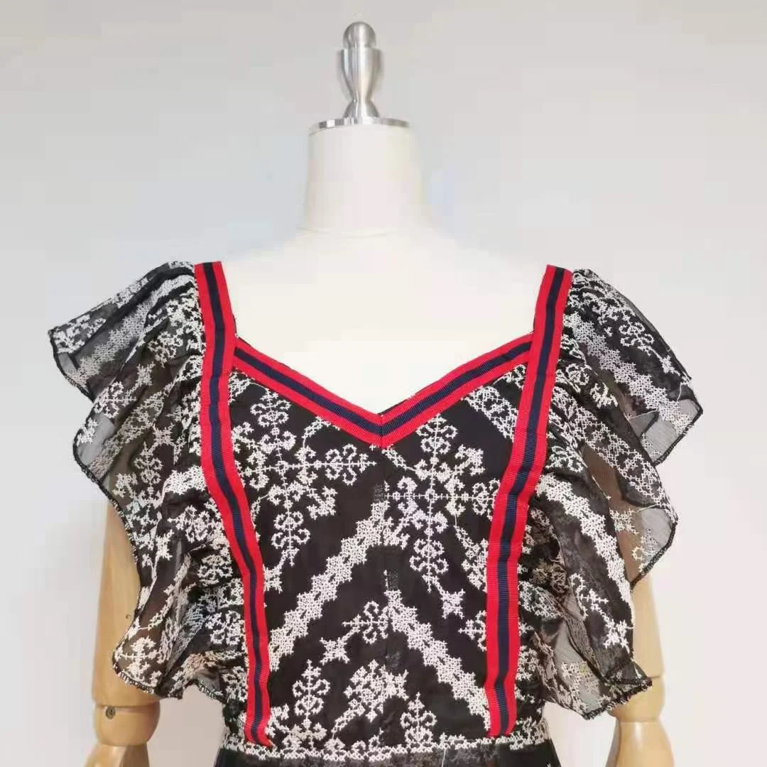 

Summer heavy craftsmanship mesh lace embroidery ruffles slim fit pleated dress 2021New summer ladies fashion open back dress XL