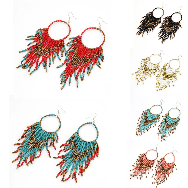 Женские богемные серьги-кисточки длинные сережки с бусинами массивное Ювелирное