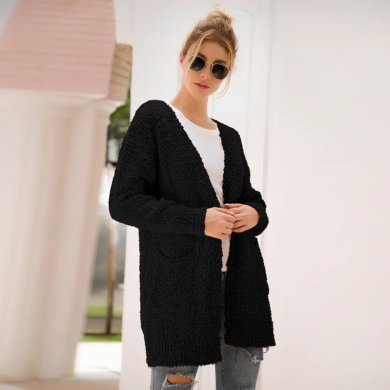 Fitshinling 7 цветов зимний длинный женский кардиган Boho Карманы Женская трикотажная куртка свитера длинный рукав тонкий кардиган для женщин