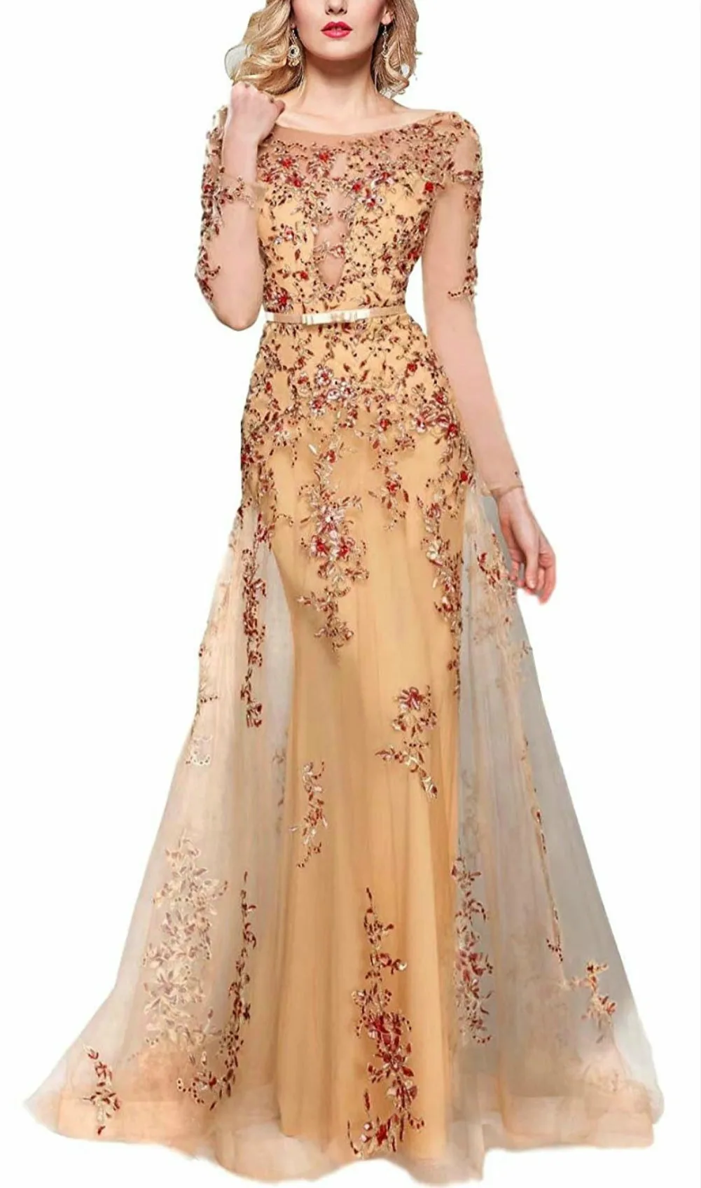 Женское вечернее платье с длинным рукавом вышивкой и кружевной