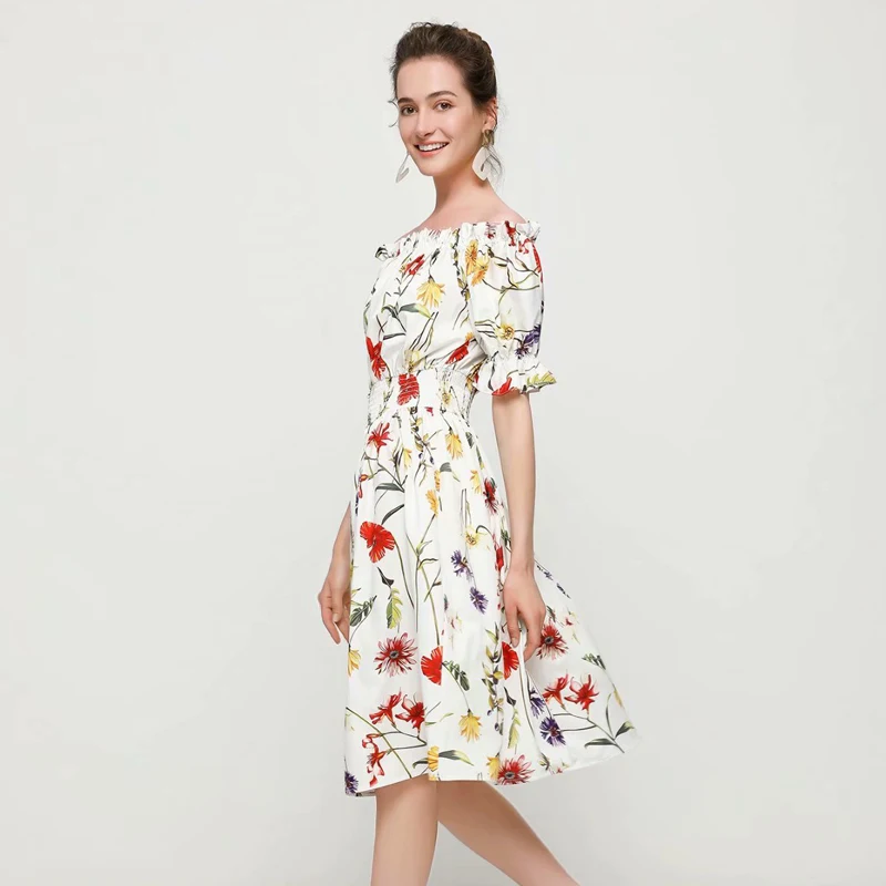 

Designer High Quality 2021 Summer New Women's Fashion Party Casual Sexy Beach Vintage Elegant Chic Slash Neck Print Dress