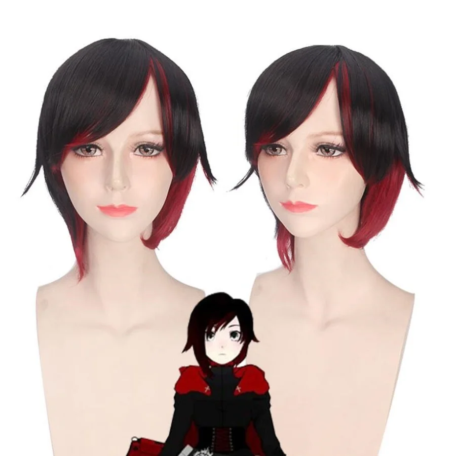 RWBY Красный прицеп Ruby Rose косплей парик короткие прямые черные красные градиентные