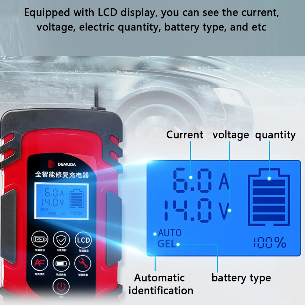 

LCD Battery Charger 12/24V Automatic Pulse Repairing 3-Stage AGM GEL Battery Charge Device for 4AH-100AH Lead-acid Battery