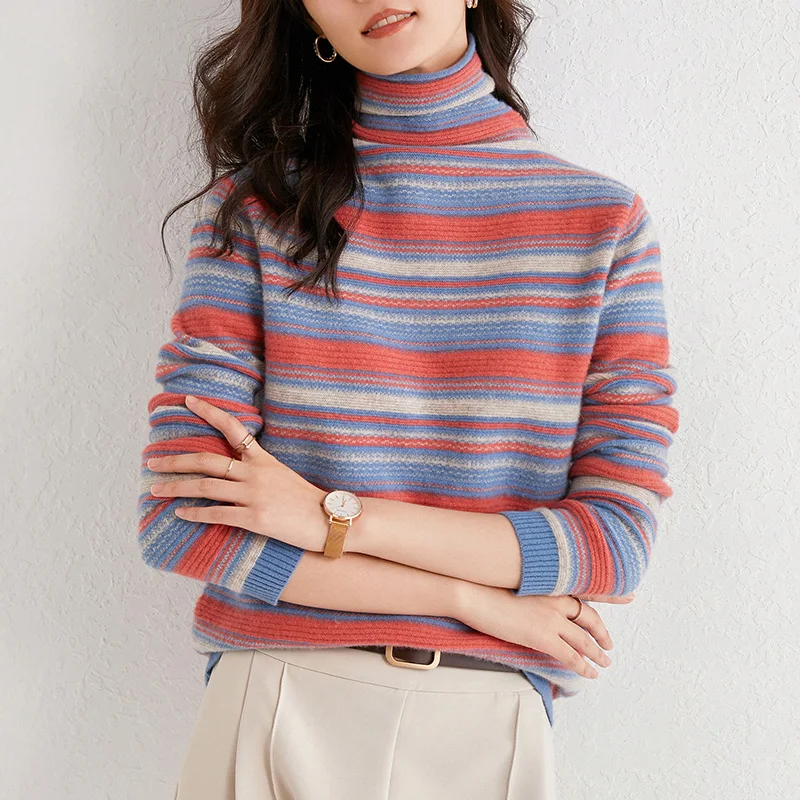 

High-neck striped color-blocking sweater women's wool bottoming sweater autumn and winter tops fashion knitted cashmere sweater