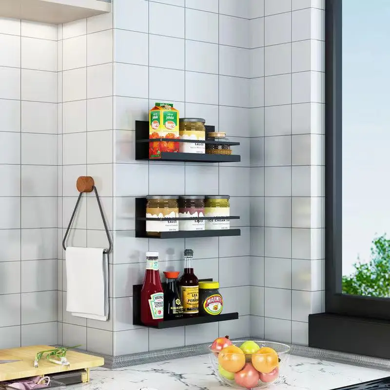 

Iron Art Kitchen Magnetic Refrigerator Side Shelf Free Perforation Wall Hanging Seasoning Rack Multifunctional Storage Shelf