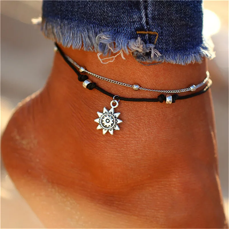 

Summer Alloy Anklet Set For Women Beach Foot Jewelry Vintage Statement Sun Chain Charm Anklets Bracelet Boho Retro Style Party