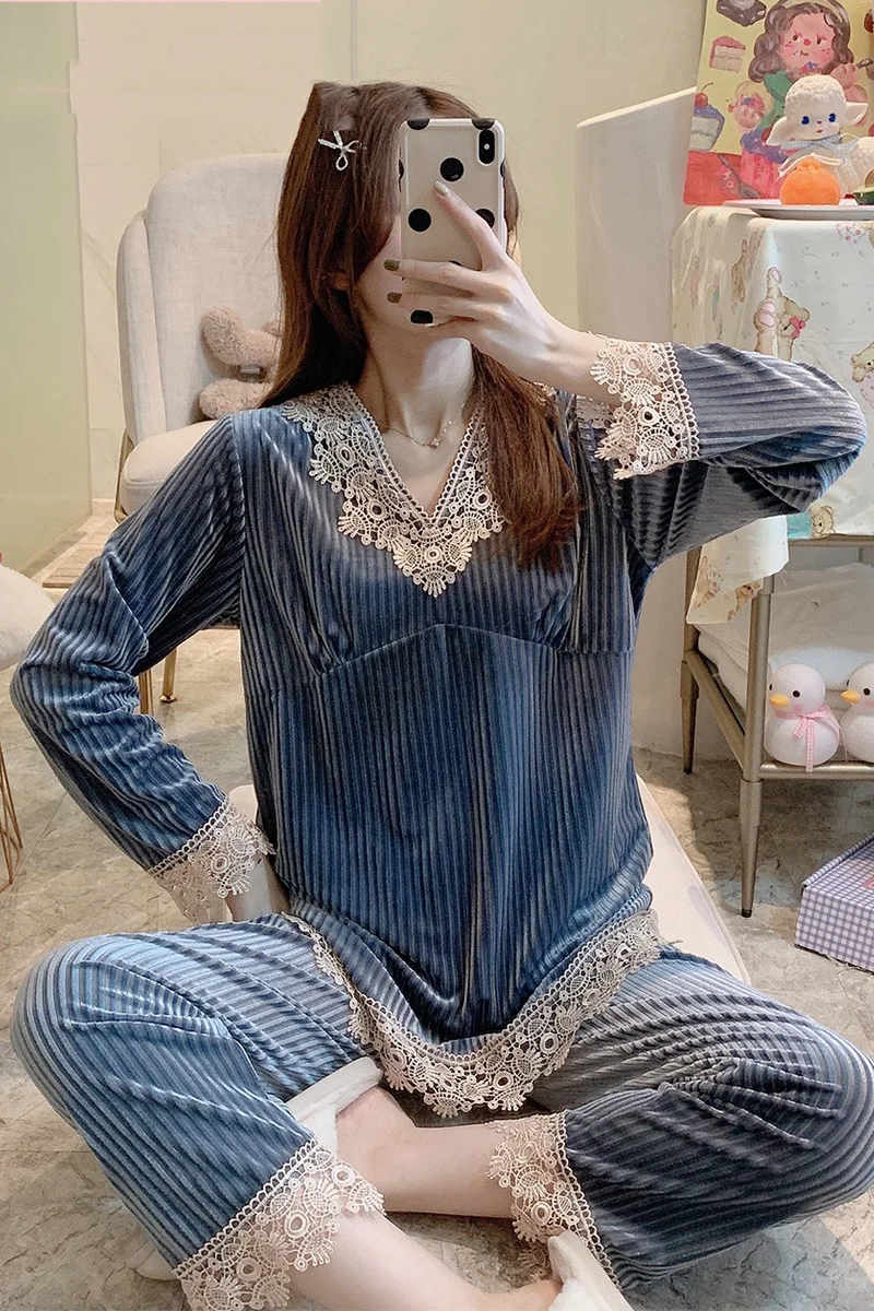 

ITOOLIN Robe Sets Loungewear Women Dormir Tops & Pajama Pants Two Piece Night Suits For Women Gold Velvet Cute Clothes Sleepwear