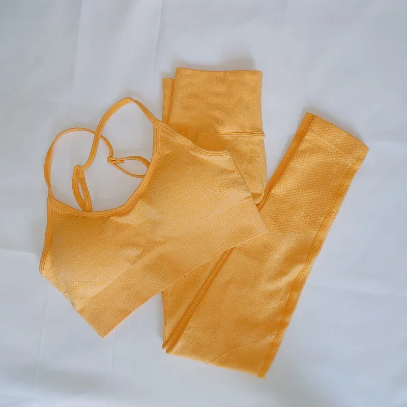 

Women Outfit Sports Yoga Set High Waist Hip Lifting Tight Seamless Leggings Shockproof Gathered Running Fitness Bra Suit