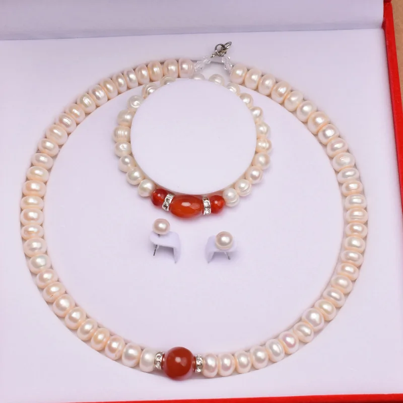 

Cellacity Charms Silver 925 Jewelry Sets for Women Natural Freshwater pearl Red agate Earrings Necklace Bracelet Birthday Gift