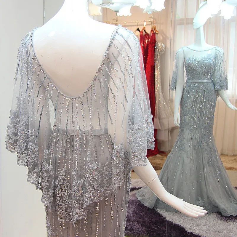 

Серебристое длинное вечернее платье с бусинами abiti da cerimonia da sera вечерние платья с коротким рукавом Кружевное платье вечернее платье