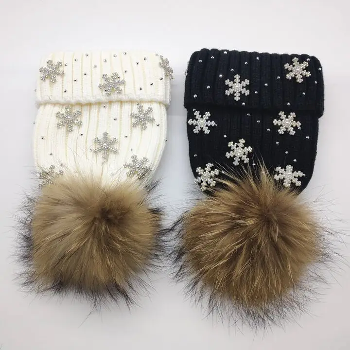 Зимние женские съемные Меховые помпоны вязаные шапки шапка для снега Новые