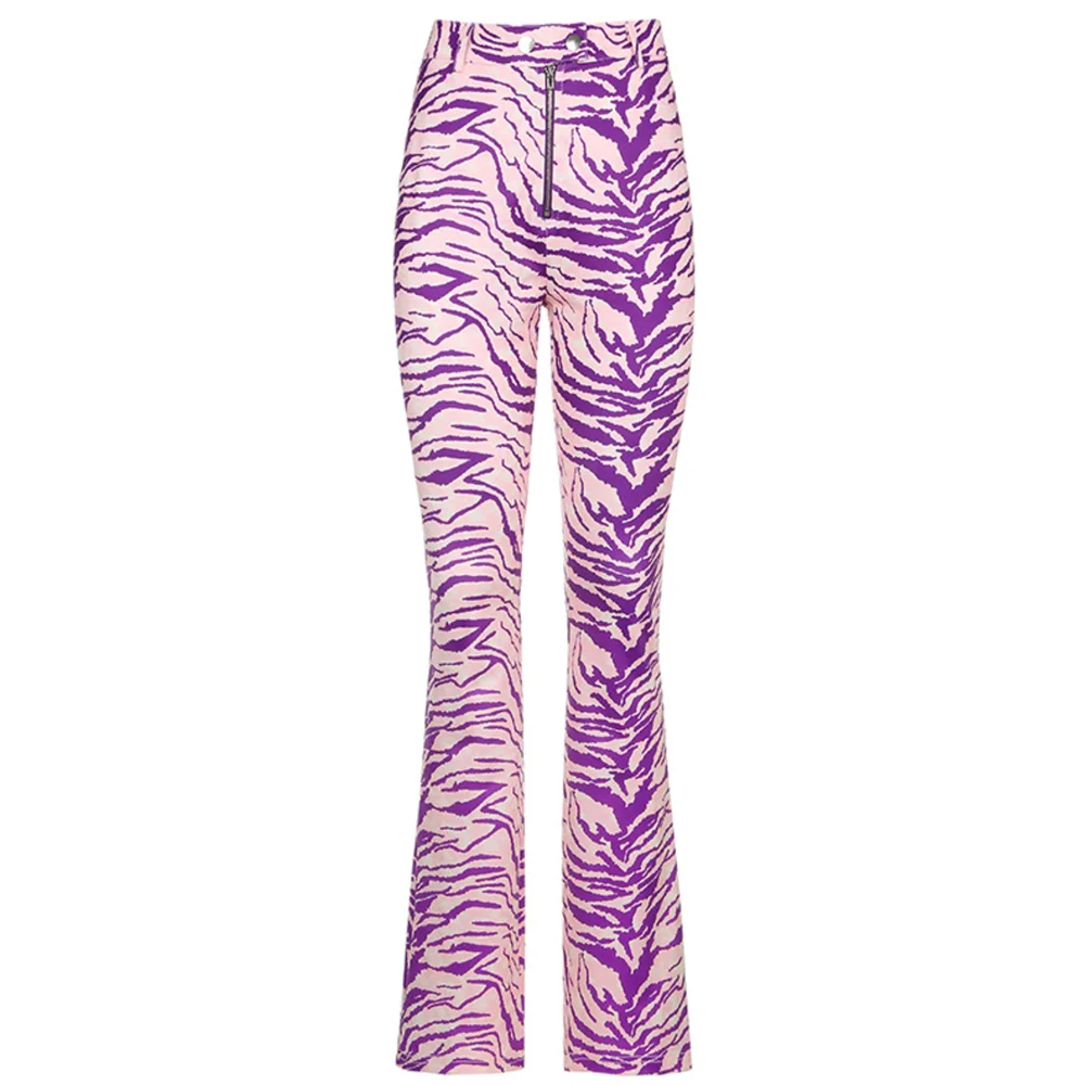 

XBUEN Women's Clothing Y2k Pink Purple Stripe Zipper Trousers For Female High Waist Clothes Woman Straight Wide Leg Pants Summer