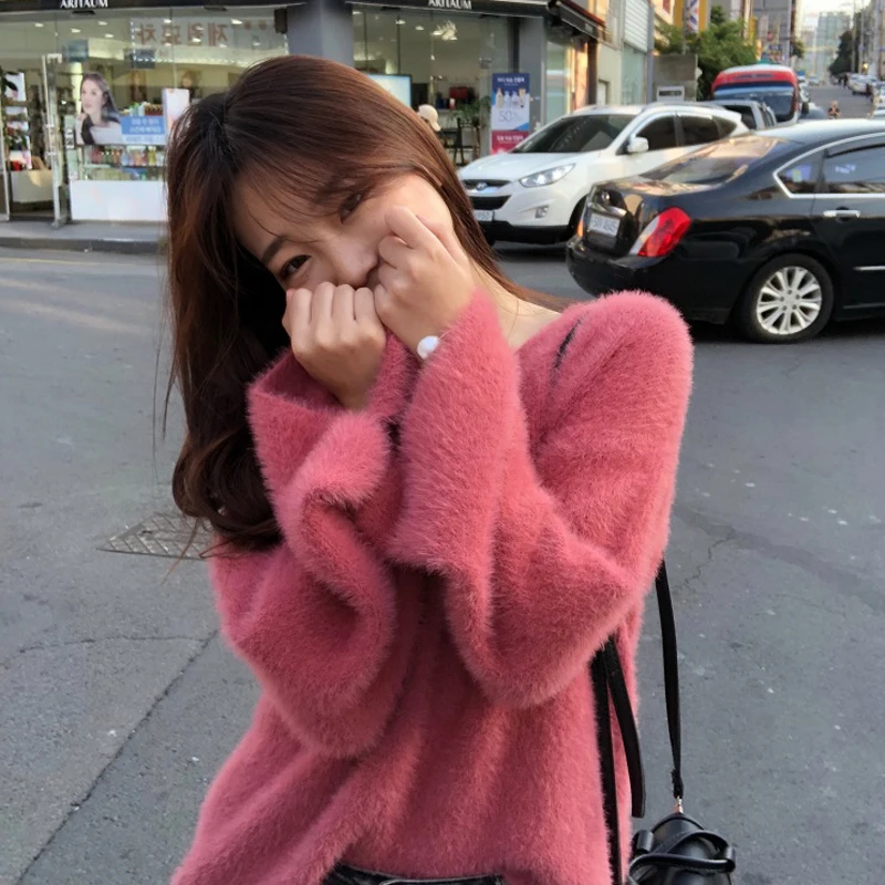 Осень корейский ins Harajuku сладкий винтажный сплошной цвет вязаный свитер женский модный Свободный v-образный вырез с длинными рукавами женский свитер