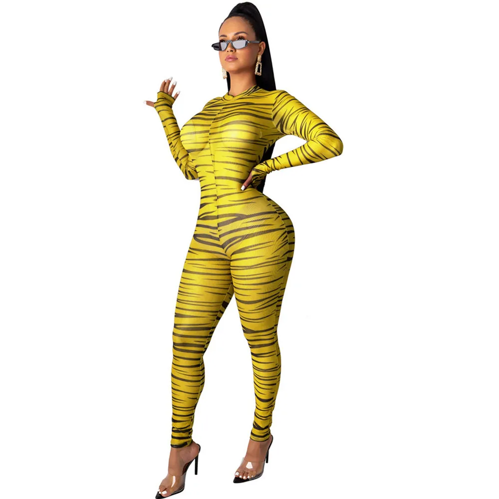 Женский сетчатый комбинезон с принтом зебры зимний Облегающий длинным рукавом