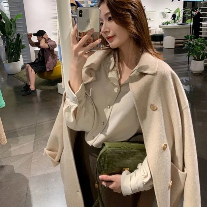 

Высококачественное двустороннее шерстяное пальто ручной работы для женщин на осень и зиму 2020 простая шерстяная куртка средней длины выше к...