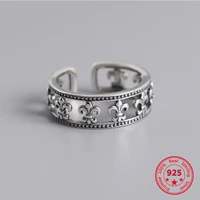 japan and south korea hot new retro style crowe cross flower ring middle hollow design 925 sterling silver opening unisex ring