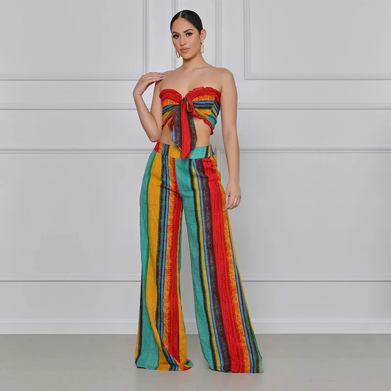 

Women Sexy Tops and Pants 2 Pieces Set African Clothes 2021 Fashion African Striped Print Casual Party African Dresses for Women