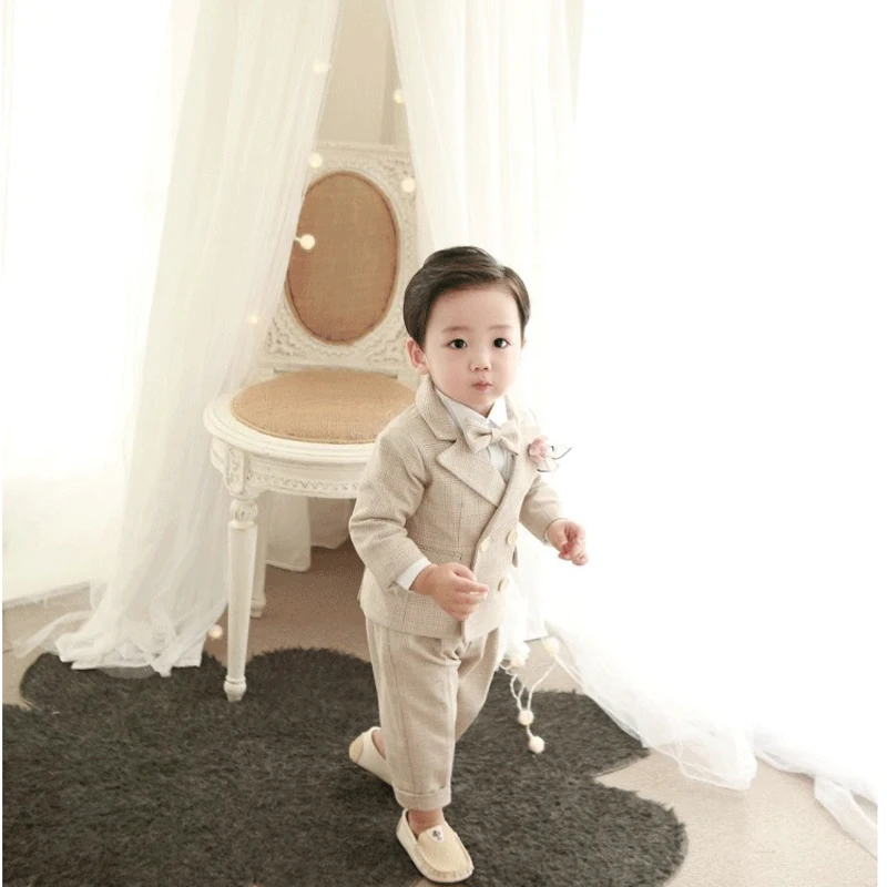 4PCS Little Boy Gentleman Suit Formal clothes Coat Vest Pants Tie bow Outfit Set Khaki Lattice birthday Wedding Party Dress | Детская