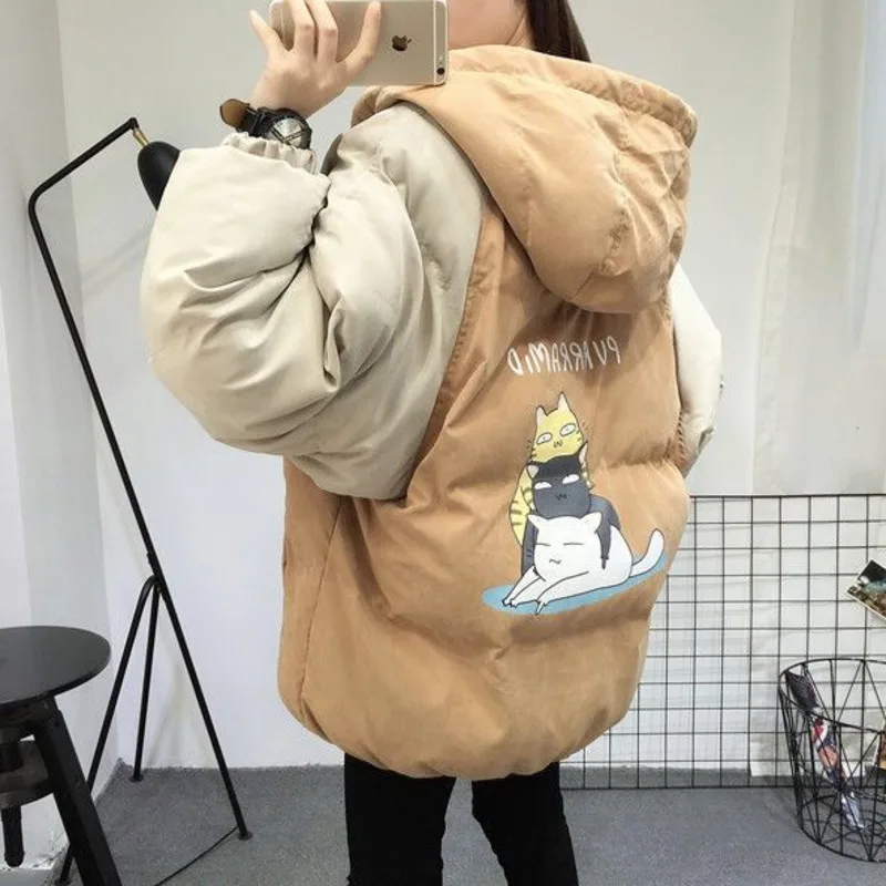 Winter Cotton Jacket Women 2021 New Korean Ins Bread Clothes Kawaii Anime Cat Print Hooded Loose Thickened Casual Short Parker