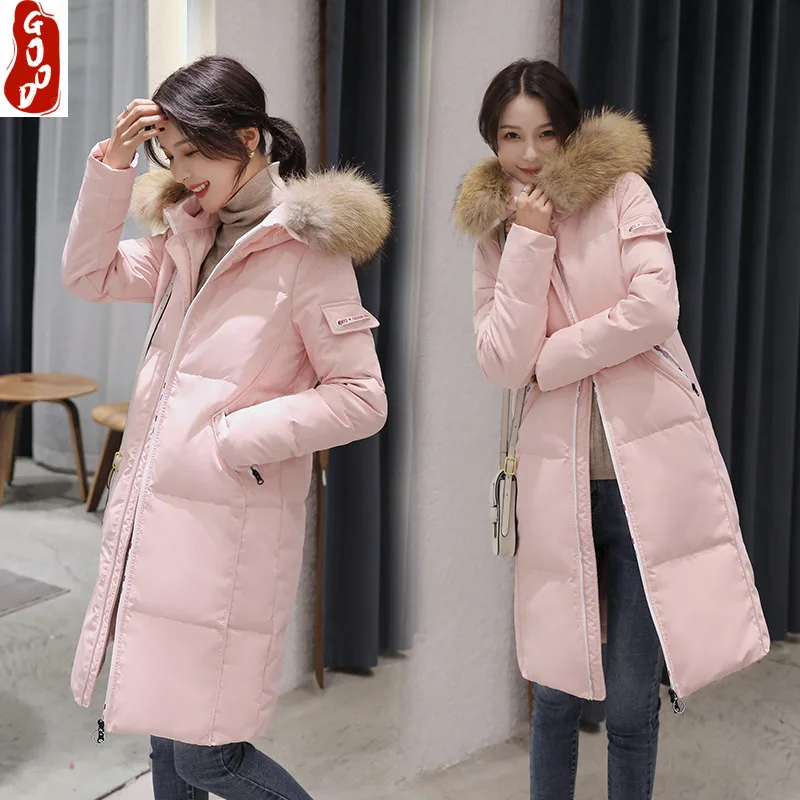 

Женский пуховик, Женская Толстая теплая розовая Зимняя одежда, 2021 Корейская женская куртка на утином пуху, с капюшоном из меха енота, зима 8806