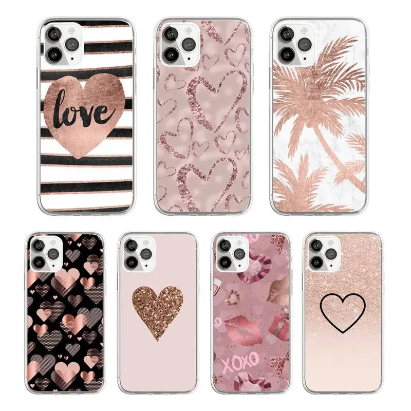 

Gold Rose Love heart Phone Case Transparent soft For iphone 5 5s 5c se 6 6s 7 8 11 12 plus mini x xs xr pro max