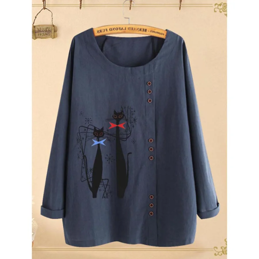 

DIOROBBEN Blouses Women Fashion 2020 autumn Casual Animal print cotton linen Shirt Female long sleeve O-neck vintage Tops