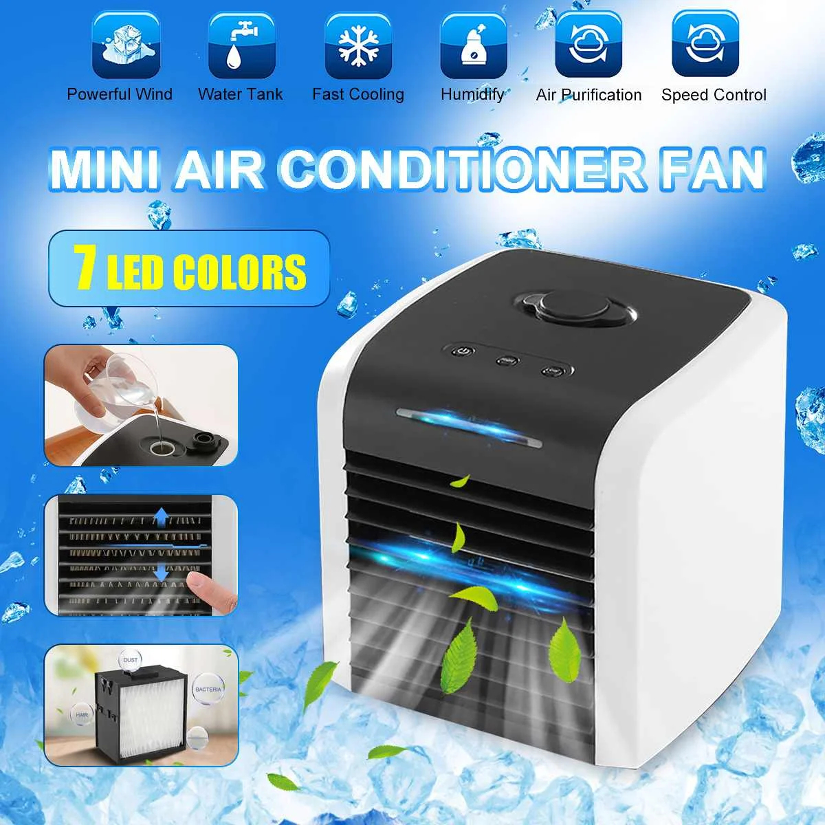 

Portable Air Cooler Fan Mini USB Air Conditioner 7 Colors Light Desktop Air Cooling Fan Humidifier Purifier For Office Bedroom