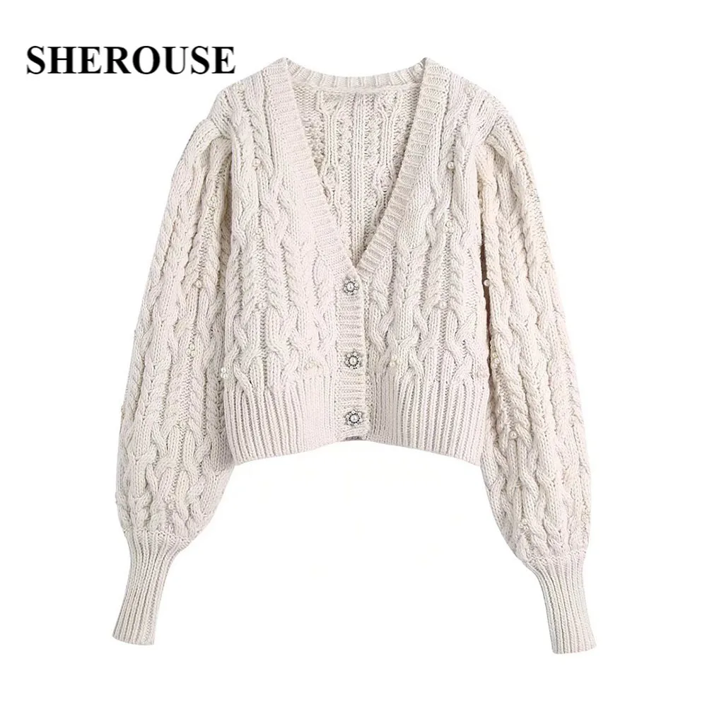 

Sherouse Women Casual Knit Cardigan with Pearl Beads Long Sleeves V-Neck Single Breasted Vintage Woman Knit Sweater Chic Tops