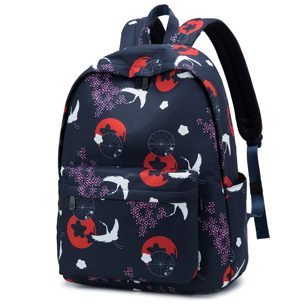 

Students Schoolbag Crane Printing Waterproof Anti-theft Bookbag Laptop Bag Large Blue Backpacks for Girls Women School Supplies