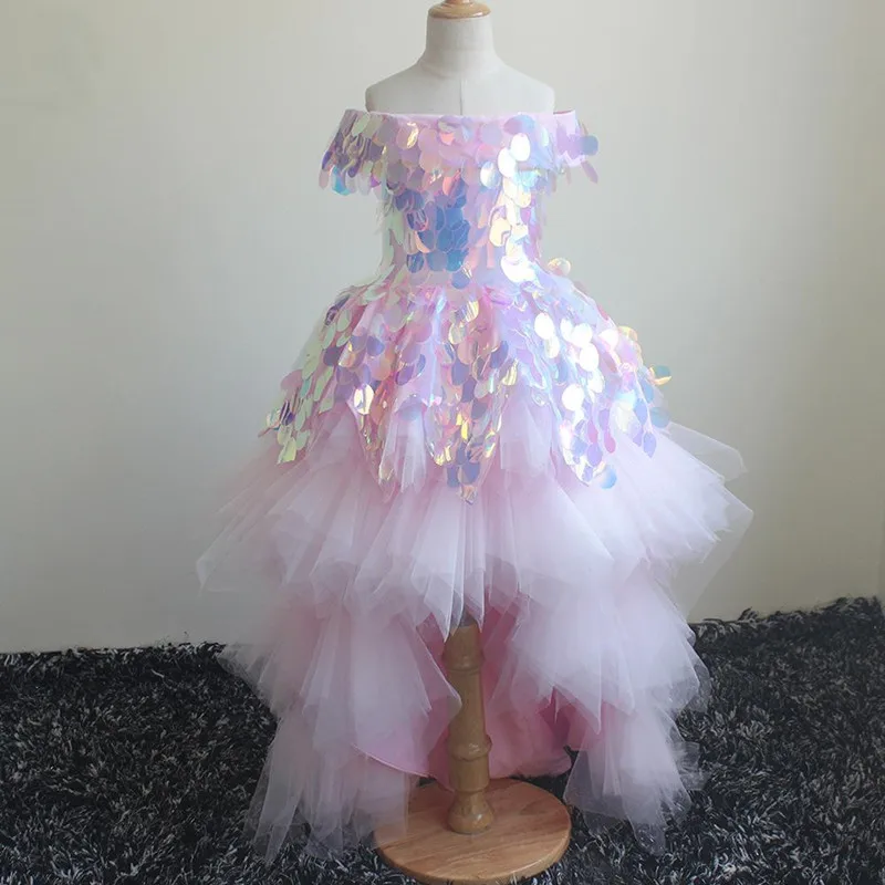 

Real Picture Girls Pageant Gown Puffy Tulle Sequins Top Off the Shoulder Kids Clothes Flower Girl Dress Fashion Party Gown